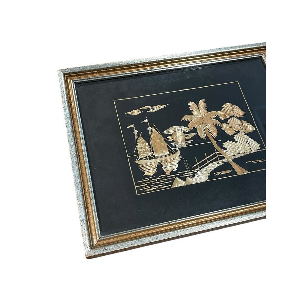 Framed Vintage Asian Straw Art with Sailboats Nautical Island Theme 1950-60s - Picture 5 of 8